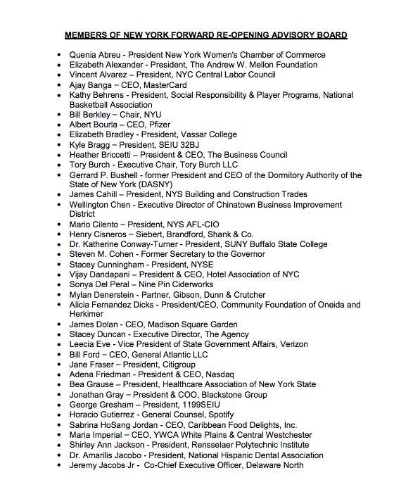 Names of members of NY Forward Reopening Advisory Board. 