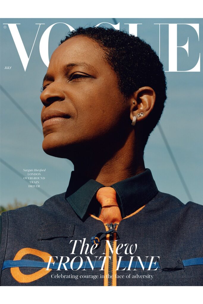 Grenadian British train driver, Narquis Horsford, covers British Vogue July 2020 Issue - a special triple cover edition, featuring three UK-based female essential workers.