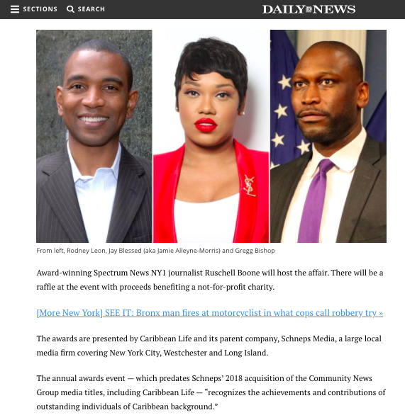 Caribbean podcaster, writer, blogger, and mental health advocate Jay Blessed appears next to Rodney Leon and Gregg Bishop in the NY Daily News, ahead of the 2019 Caribbean Life News Impact Awards.