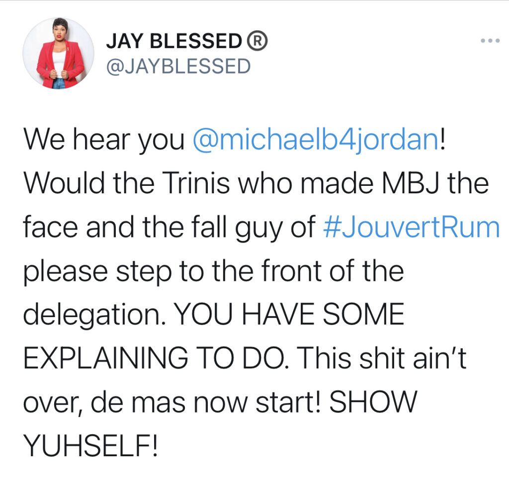 Jay Blessed Tweets Michael B Jordan Apology After Petition To Stop Jouvert Rum Trademark